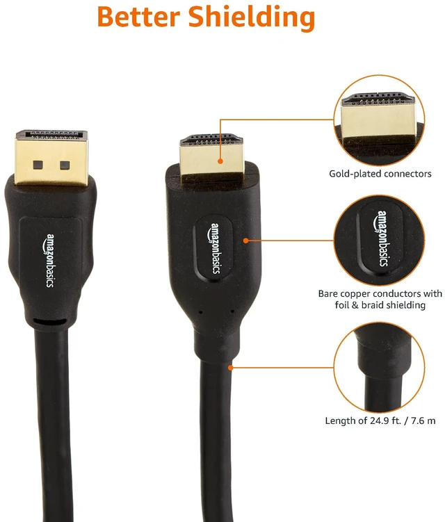 Alt view image 4 of 4 - Amazon Basics DisplayPort to HDMI Cable, Video and Audio, Uni-Directional, 1920x1200, 1080p, Gold-Plated Plugs, 25 Foot, Black