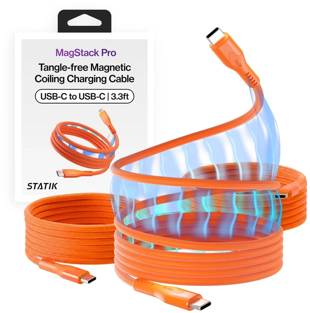 Main image of Statik MagStack Pro USB C to USB C Coiling Magnetic Charging Cable, 100W, Nylon Braided Tangle-Free Design, Magnetic Coiling, Data Transfer, Compatible with iPhone & Android, 3FT Orange, 3 Pack