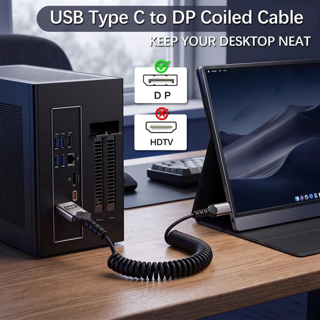Alt view image 2 of 7 - Poyiccot USB-C to DisplayPort 16K@60Hz Spring Coiled Cable, 80Gbps DP2.1 High-Speed Retractable USB C to DisplayPort Cord for Laptop, Monitor, Projectors, Surface, Thunderbolt 3/4/5, 5FT