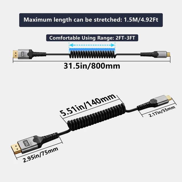 Alt view image 6 of 7 - Poyiccot USB-C to DisplayPort 16K@60Hz Spring Coiled Cable, 80Gbps DP2.1 High-Speed Retractable USB C to DisplayPort Cord for Laptop, Monitor, Projectors, Surface, Thunderbolt 3/4/5, 5FT