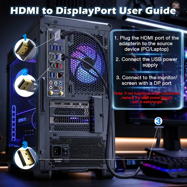 Alt view image 3 of 7 - Active HDMI to DisplayPort Cable Uni-Directional 10FT (4K@60Hz/1080P@120Hz) | HDMI Source to DP Monitor Adapter Display Port Cord Compatible with Laptop, AMD, NVIDIA, PS5, Xbox and More