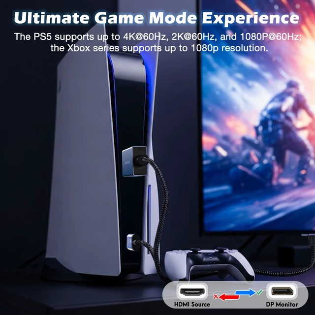 Alt view image 4 of 7 - Active HDMI to DisplayPort Cable Uni-Directional 10FT (4K@60Hz/1080P@120Hz) | HDMI Source to DP Monitor Adapter Display Port Cord Compatible with Laptop, AMD, NVIDIA, PS5, Xbox and More