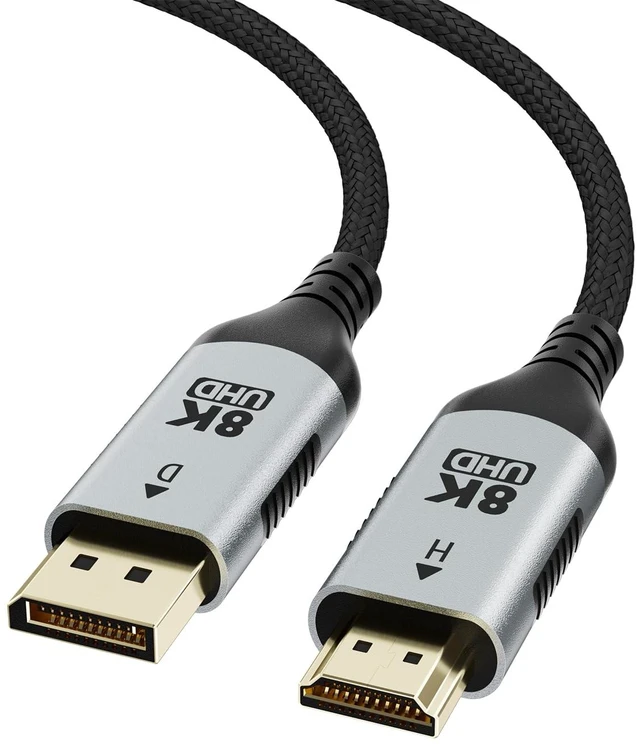 Main image of 3 ft 8k dp to hdmi cable, active unidirectional supports 8k@60hz,mirror | 4k@120hz extend,multi-screen splicing modes,plug-and-play for computers,monitors,projectors,male-to-male aluminum connectors