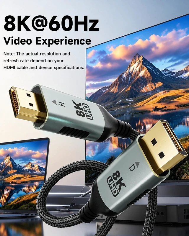 Alt view image 2 of 7 - 3 ft 8k dp to hdmi cable, active unidirectional supports 8k@60hz,mirror | 4k@120hz extend,multi-screen splicing modes,plug-and-play for computers,monitors,projectors,male-to-male aluminum connectors