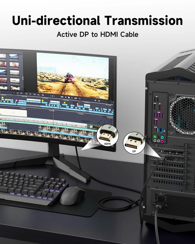 Alt view image 4 of 7 - 3 ft 8k dp to hdmi cable, active unidirectional supports 8k@60hz,mirror | 4k@120hz extend,multi-screen splicing modes,plug-and-play for computers,monitors,projectors,male-to-male aluminum connectors