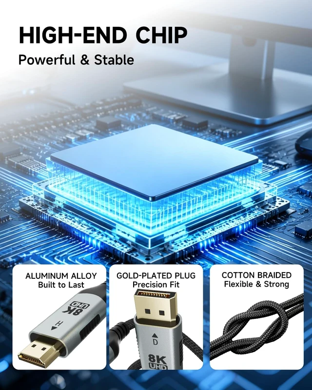 Alt view image 6 of 7 - 3 ft 8k dp to hdmi cable, active unidirectional supports 8k@60hz,mirror | 4k@120hz extend,multi-screen splicing modes,plug-and-play for computers,monitors,projectors,male-to-male aluminum connectors