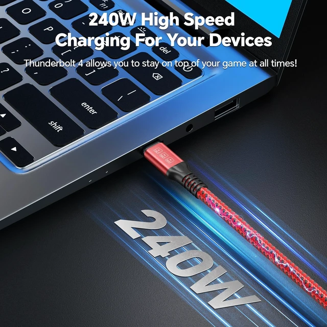 Alt view image 2 of 7 - Thunderbolt 4 Cable 3.3FT 240W USB4 Cable Supports 40Gbps High-Speed Data Transfer/8K/Dual 4k Display USB C to USB C Cable Fast Charging for Thunderbolt 4/3 Monitor/Hub/Docking Stations and More Red