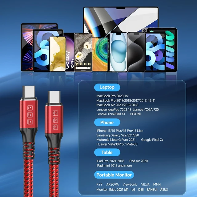 Alt view image 7 of 7 - Thunderbolt 4 Cable 3.3FT 240W USB4 Cable Supports 40Gbps High-Speed Data Transfer/8K/Dual 4k Display USB C to USB C Cable Fast Charging for Thunderbolt 4/3 Monitor/Hub/Docking Stations and More Red