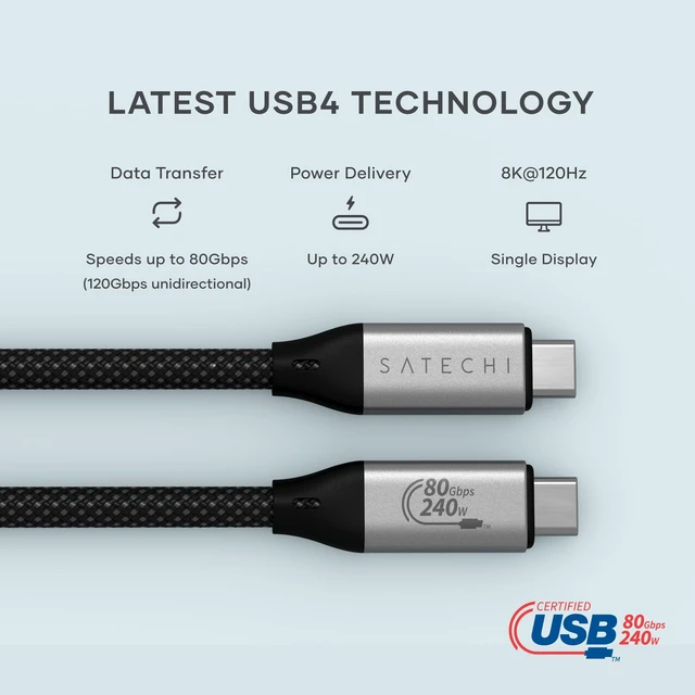 Alt view image 2 of 7 - Satechi USB4 V2 Pro Cable, 240W Charging, Up to 120Gbps Data Transfer | 1.2 m/3.9 ft length, up to 120 Gbps data transfer, 8K display support, Thunderbolt 5/4/3 compatible, for MacBook, Windows