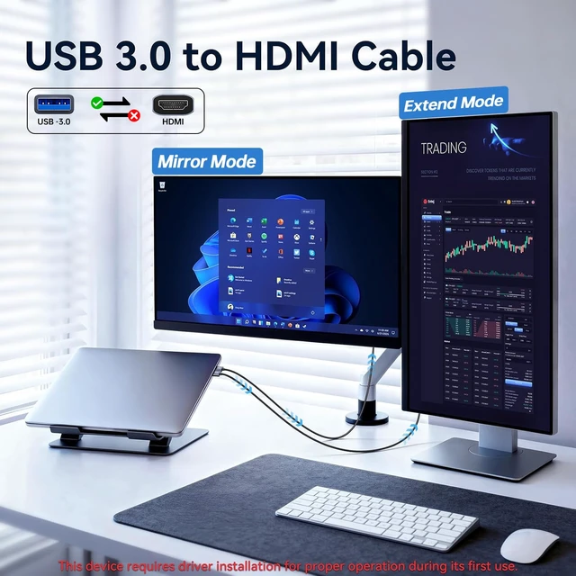 Alt view image 2 of 6 - USB 3.0 to HDMI Cable 5Ft, USB A Male to HDMI Male Cable 1080P@60Hz | Built-in Drivers, Screen Mirroring Display Extension, Braided Cord, Compatible with Laptop/PC to Monitor/TV