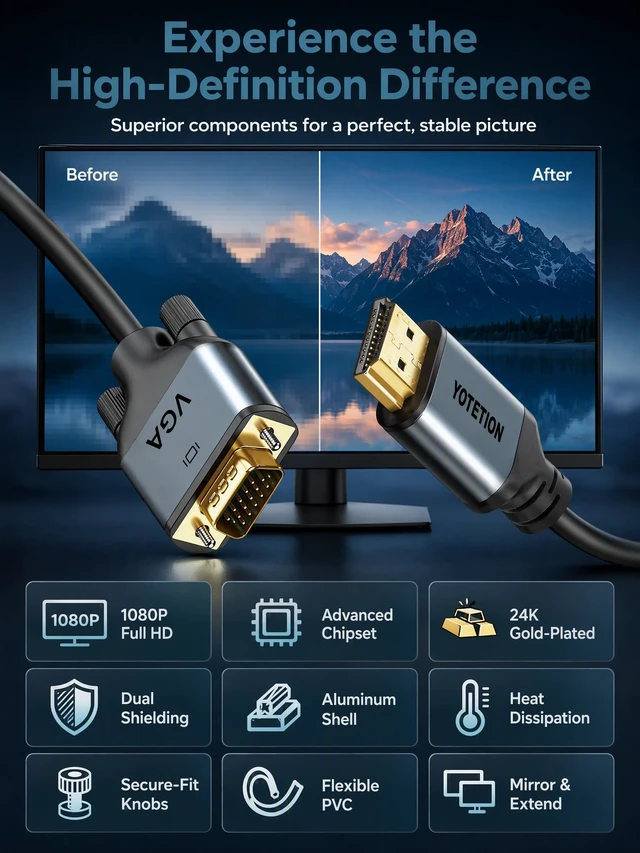 Alt view image 6 of 7 - HDMI to VGA 40Ft Cable with IC, Gold-Plated HDMI to VGA Compatible for Computer, Desktop, Laptop, PC, Monitor, Projector,HDTV, Raspberry Pi, Roku, Xbox and More, Green-Gray Aluminum Shell