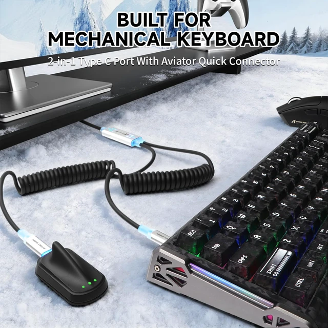 Alt view image 2 of 7 - ATTACK SHARK C08 Dual USB-C RGB Coiled Keyboard Cable, 8K Fast Charging Data Cable for Mechanical Gaming Keyboard & Mouse, Detachable Aviator Connector, Custom Type-C Cable for PC Gamer,Black
