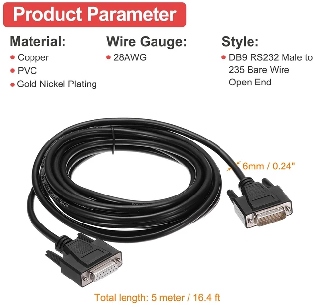 Alt view image 2 of 6 - DB15 Serial Cable, 28AWG Aluminium Foil Shielded DB15 Male to Female Straight Through Serial Cable for Data Communication, 16.4 ft