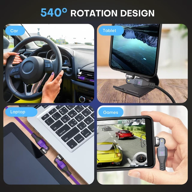 Alt view image 6 of 7 - USB C to C Cable 1m Purple, 540 Rotation 240W PD Fast Charging 480Mbps Data Transfer, Type C Charger Cord with E-Marker Chip, for Laptop Phone iPad, 2Pack