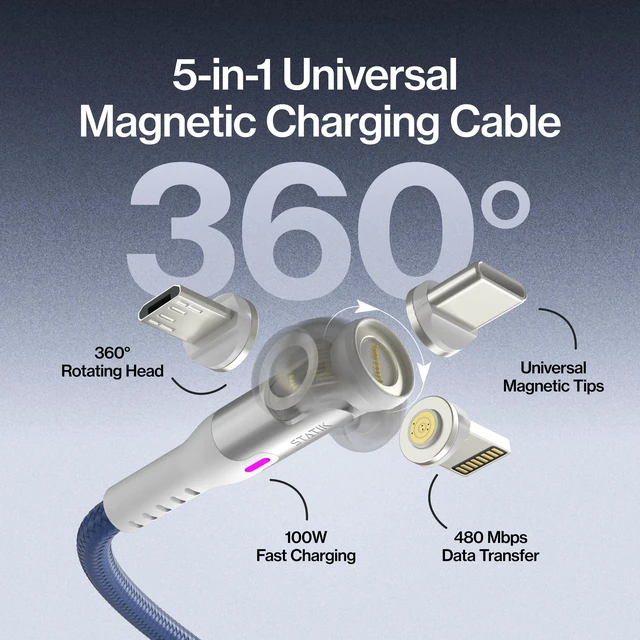 Alt view image 2 of 7 - Statik 360 Pro Universal Magnetic Charging Cable - 100W Fast Charging USB C Charging Cable, Magnetic Charger Cable Compatible with Apple Devices, USB-C, Micro-USB, USB-A Adapter - Navy 6FT/2M