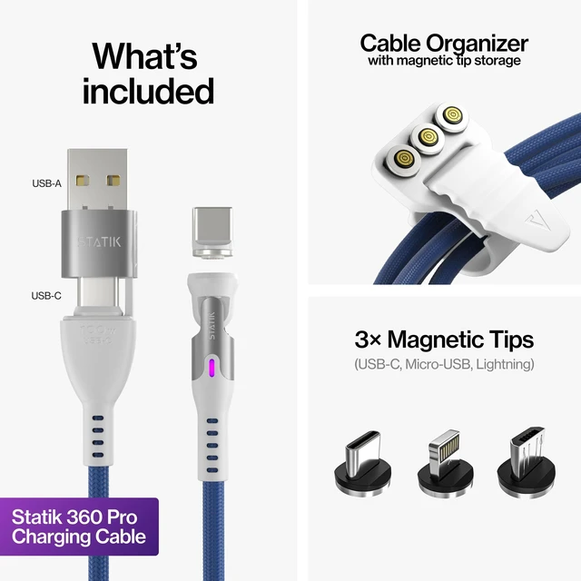 Alt view image 6 of 7 - Statik 360 Pro Universal Magnetic Charging Cable - 100W Fast Charging USB C Charging Cable, Magnetic Charger Cable Compatible with Apple Devices, USB-C, Micro-USB, USB-A Adapter - Navy 6FT/2M