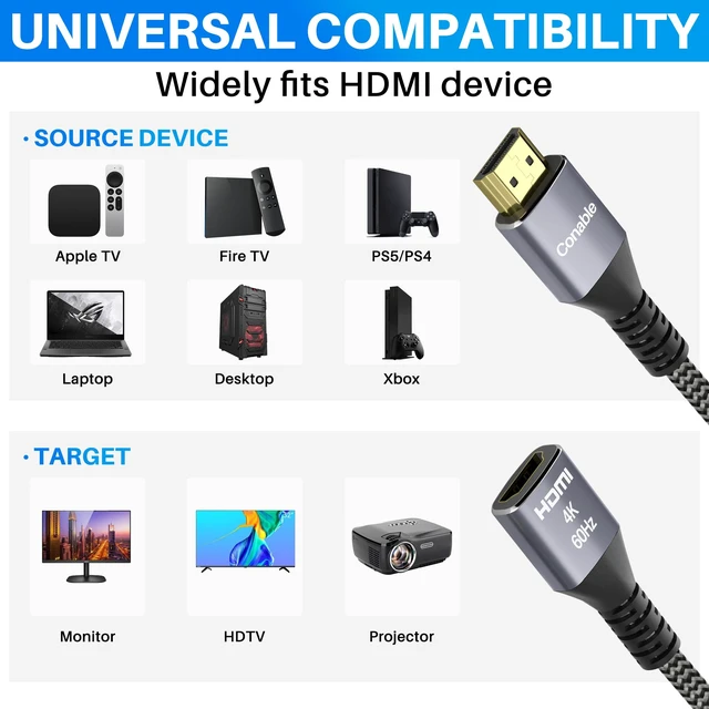 Alt view image 6 of 6 - 4K HDMI Extension Cable 30FT, HDMI 2.0 Extender Male to Female Braided Cord | Pure Copper 4K@60Hz, 18Gbps, 48 bit, HDMI 2.0, ARC, 3D, Ethernet, HDCP 2.2 HDR (with 25 Ties, 25 U Nails, 2 HDMI Adapters)