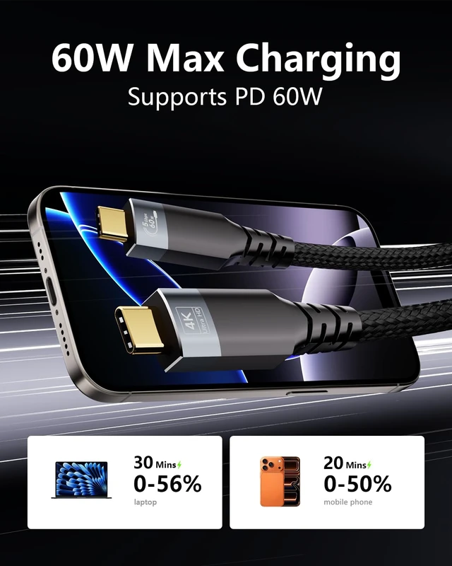 Alt view image 4 of 7 - 23ft Long USBC Cable,5Gbps Data Transfer,USB 60W Fast Charging,4K@60Hz Video Output,Black Nylon Braided Cable with Gold-Plated Connectors,Compatible with Laptop,Hub,Monitor,Docking Station
