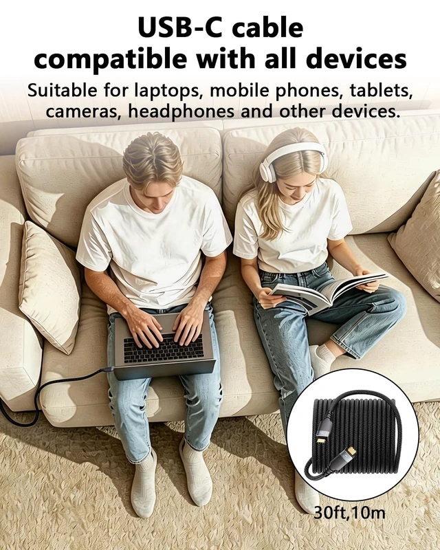 Alt view image 6 of 7 - 23ft Long USBC Cable,5Gbps Data Transfer,USB 60W Fast Charging,4K@60Hz Video Output,Black Nylon Braided Cable with Gold-Plated Connectors,Compatible with Laptop,Hub,Monitor,Docking Station