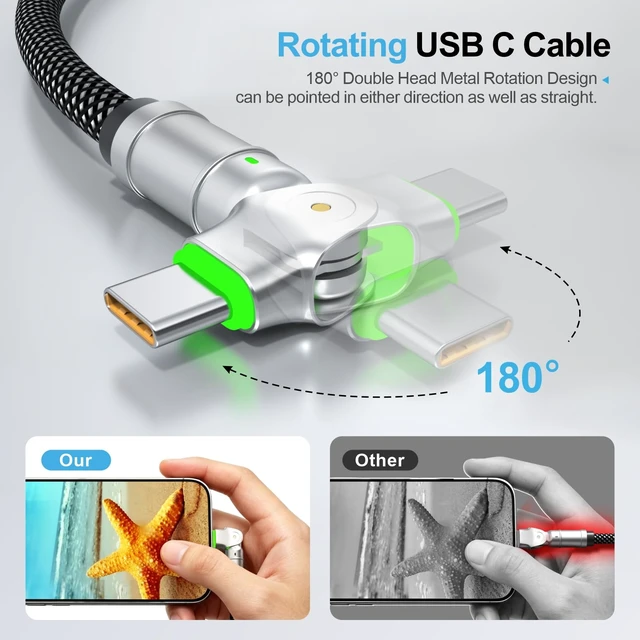 Alt view image 2 of 6 - USB-C to USB-C 240W Cable, 6.6ft Dual 180° Rotating, LED, Fast Charge | Silicone jacket, zinc-alloy connector, 480Mbps data, compatible with USB-C laptops, phones, tablets