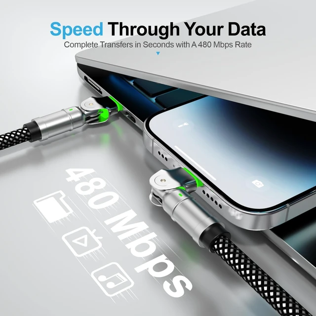 Alt view image 3 of 6 - USB-C to USB-C 240W Cable, 6.6ft Dual 180° Rotating, LED, Fast Charge | Silicone jacket, zinc-alloy connector, 480Mbps data, compatible with USB-C laptops, phones, tablets