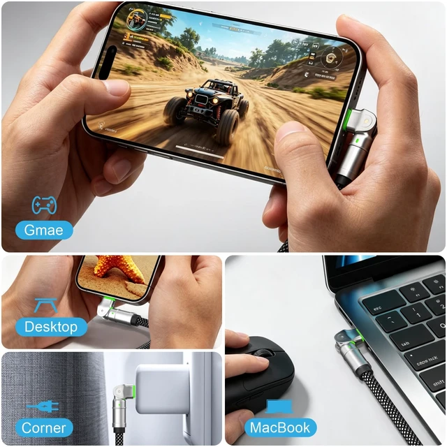 Alt view image 4 of 6 - USB-C to USB-C 240W Cable, 6.6ft Dual 180° Rotating, LED, Fast Charge | Silicone jacket, zinc-alloy connector, 480Mbps data, compatible with USB-C laptops, phones, tablets