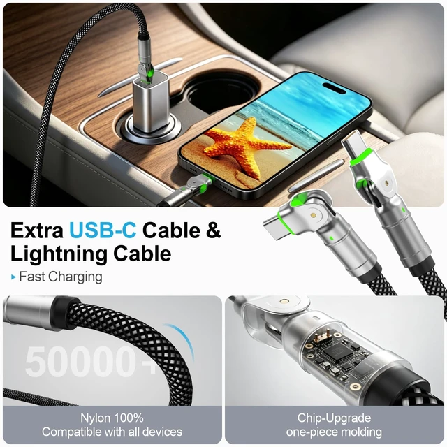 Alt view image 5 of 6 - USB-C to USB-C 240W Cable, 6.6ft Dual 180° Rotating, LED, Fast Charge | Silicone jacket, zinc-alloy connector, 480Mbps data, compatible with USB-C laptops, phones, tablets