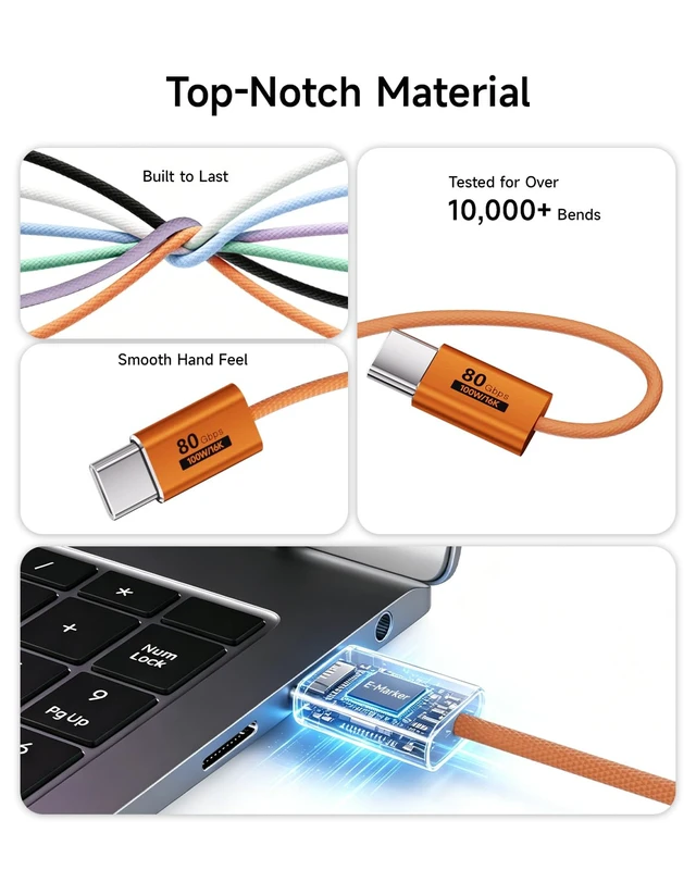 Alt view image 7 of 7 - Orange,3.3FT Thin USB C Cable,USBC 80Gbps Data Transfer Cable Compatible with Thunderbolt 5/4/3,Slim Connector,100W Fast Charging,16K/8K/4K HD Video for Monitor,MacBook,iPhone 17/16,Docking