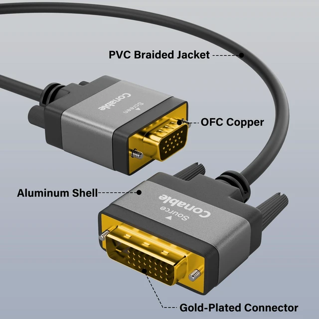 Alt view image 2 of 5 - DVI to VGA Cable 25 FT, Uni-Directional DVI-D 24+1 to VGA Cord, Aluminum | Pure Copper Conductor, Gold-Plated Connectors, 1080P Full HD for HDTV, PC, Host, Laptop, Monitor, Projector, Black, OD:6.0mm