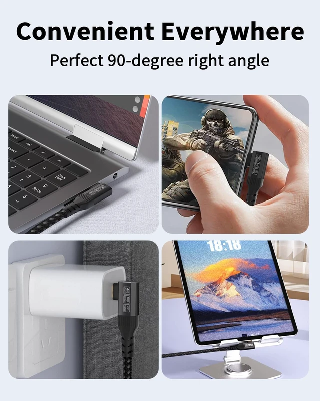Alt view image 2 of 7 - 2Pack 90 Degree USBC Cable 1.6ft,Thunderbolt 3 Compatible, 100W, 20Gbps, 4K | 90 degree connector fits tight spots, for laptops, docks, supports charging, data transfer and 4K video output.