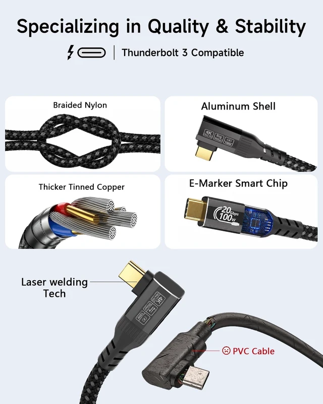 Alt view image 6 of 7 - 2Pack 90 Degree USBC Cable 1.6ft,Thunderbolt 3 Compatible, 100W, 20Gbps, 4K | 90 degree connector fits tight spots, for laptops, docks, supports charging, data transfer and 4K video output.