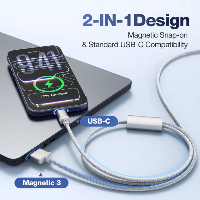 Alt view image 3 of 7 - 2-in-1 Magnetic 3 & USB C Charging Cable 6.6FT for MacBook Air/Pro | 100W Dual Ports, M5/M4/M3/M2 Mac Book Charger Cord for Travel, Laptop, iPad, Phone