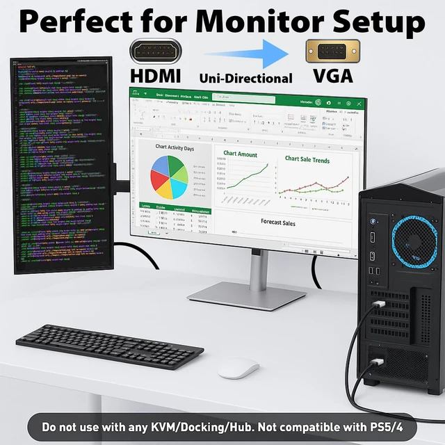 Alt view image 4 of 7 - HDMI to VGA Cable 6ft, Adapter Cord, 1080P 60Hz | Secure Latch and IC Chip Plug & Play HDMI to VGA Converter Cable for Monitor, Projector, PC, Laptop, Desktop, Xbox, PS3