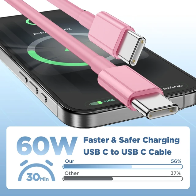 Alt view image 2 of 7 - Long USB C to USB C Cable 15FT for iPhone 17 16 15 Pro Max,60W Fast Charging Type C to Type C Charger Cord for iPhone 17 16 15/16 15 Plus/17 Air/17 16 15 Pro, iPad Pro/Air,MacBook,Galaxy S25-Pink