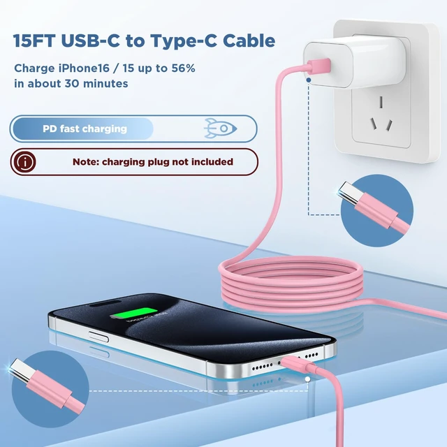 Alt view image 5 of 7 - Long USB C to USB C Cable 15FT for iPhone 17 16 15 Pro Max,60W Fast Charging Type C to Type C Charger Cord for iPhone 17 16 15/16 15 Plus/17 Air/17 16 15 Pro, iPad Pro/Air,MacBook,Galaxy S25-Pink