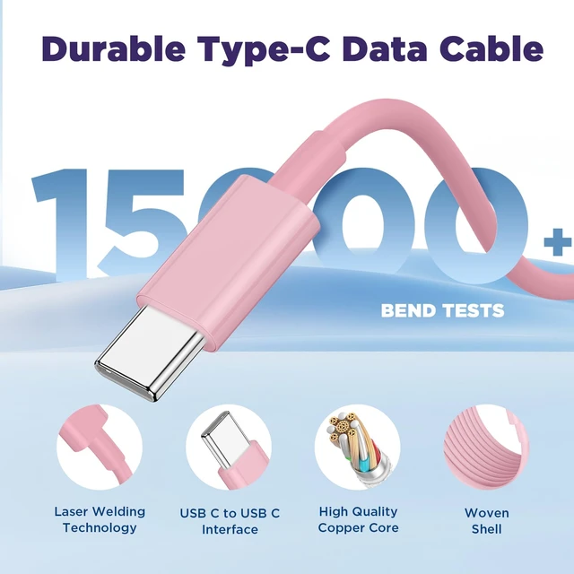 Alt view image 4 of 7 - Long USB C to USB C Cable 15FT for iPhone 17 16 15 Pro Max,60W Fast Charging Type C to Type C Charger Cord for iPhone 17 16 15/16 15 Plus/17 Air/17 16 15 Pro, iPad Pro/Air,MacBook,Galaxy S25-Pink