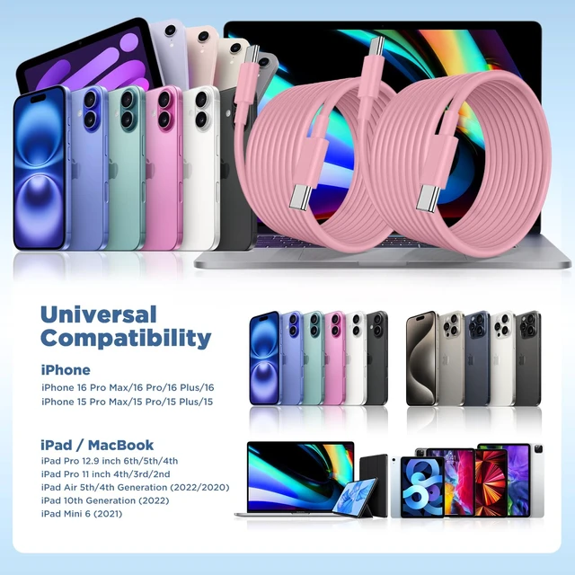 Alt view image 7 of 7 - Long USB C to USB C Cable 15FT for iPhone 17 16 15 Pro Max,60W Fast Charging Type C to Type C Charger Cord for iPhone 17 16 15/16 15 Plus/17 Air/17 16 15 Pro, iPad Pro/Air,MacBook,Galaxy S25-Pink