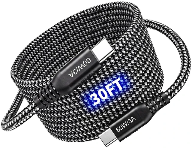 Main image of 30 FT USB C to USB C Cable 60W, 480Mbps Data Transfer Type C Fast Charging Cord, Long Nylon Braided C to C Power Cable for iPhone 17 16 15, MacBook, iPad, Pixel, Samsung, Android
