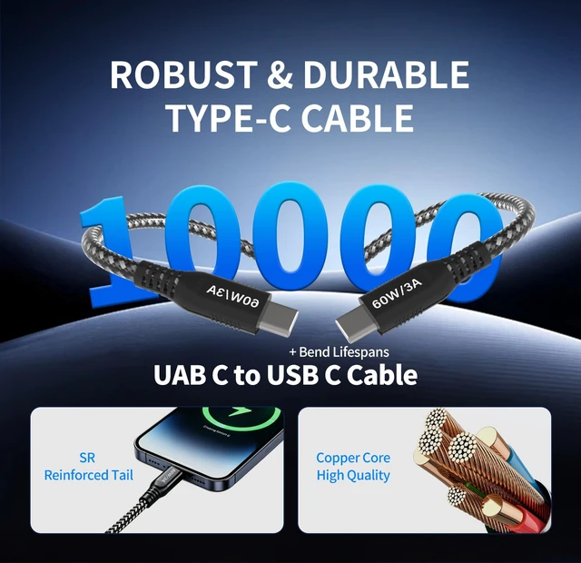 Alt view image 5 of 7 - 30 FT USB C to USB C Cable 60W, 480Mbps Data Transfer Type C Fast Charging Cord, Long Nylon Braided C to C Power Cable for iPhone 17 16 15, MacBook, iPad, Pixel, Samsung, Android