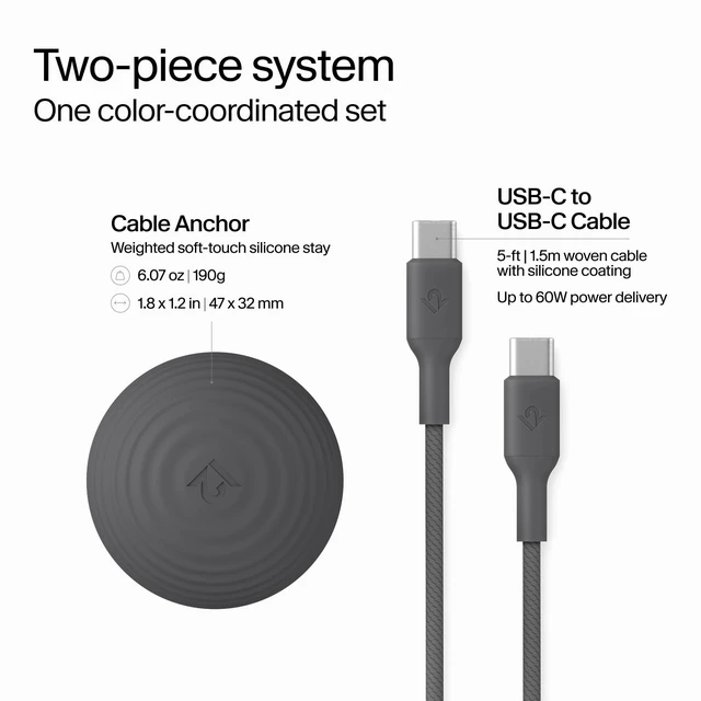 Alt view image 2 of 6 - CableStay USB-C Cable & Weighted Anchor Charging Cable, Slate | 5-ft (1.5 m) USB-C to USB-C 60W Charging Cable, Desk Cable Holder for iPhone, iPad, AirPods, MacBook Air, and More