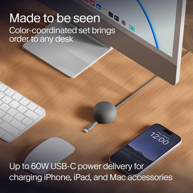 Alt view image 4 of 6 - CableStay USB-C Cable & Weighted Anchor Charging Cable, Slate | 5-ft (1.5 m) USB-C to USB-C 60W Charging Cable, Desk Cable Holder for iPhone, iPad, AirPods, MacBook Air, and More