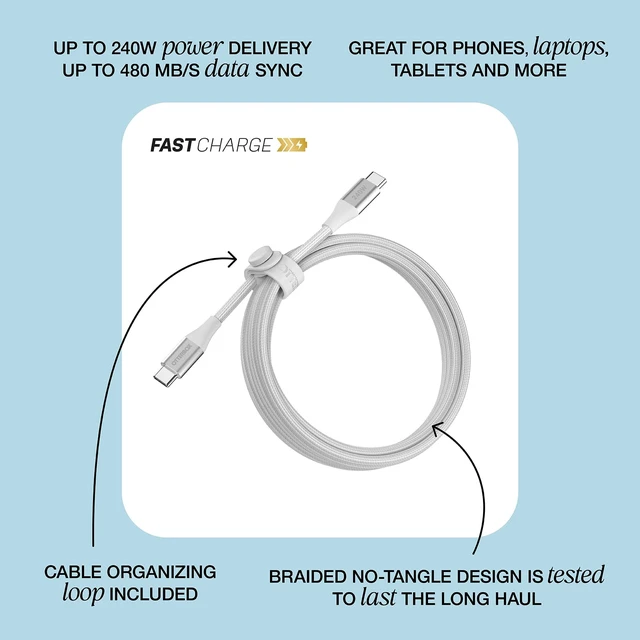 Alt view image 4 of 4 - 240W USB-C 6ft Extended Power Fast Charging Cable - Black | Braided Design w/ Flexible Silicone Core, Cable Organizing Loop, USB-C to USB-C Charging Cable for Phones, Laptops & Tablets
