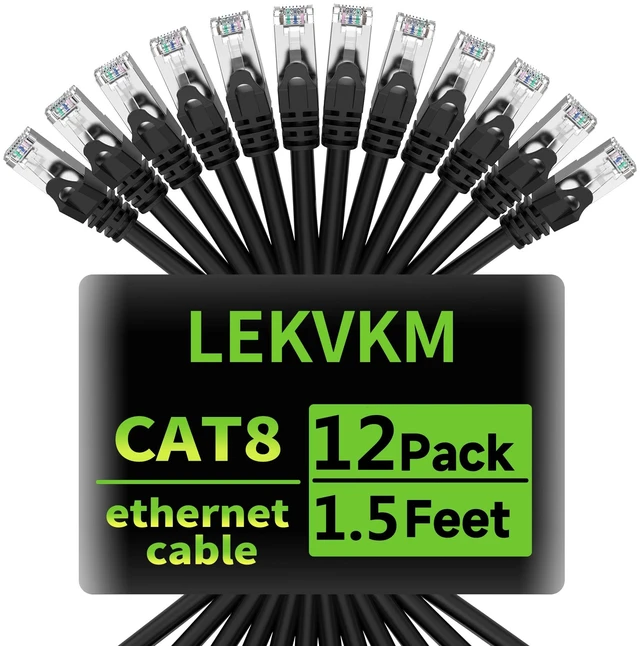 Main image of Cat8 1.5FT Ethernet Cable, S/FTP RJ45, Black 12-Pack for Homelab | Desktop short-range linkdevice tight wiringhomelab multi-device clusteropen rack staggered setupdaily maintenance