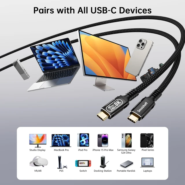 Alt view image 6 of 7 - USB-C to USB-C Cable Supporting USB4 & Thunderbolt 4 40Gbps Data, 240W Fast Charging, 8K Video for Laptop, Tablet, Docking Station Monitor,SSD,6.6ft/2m