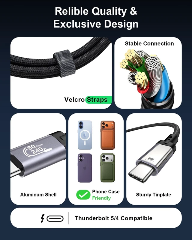 Alt view image 7 of 7 - USB 4 for Thunderbolt 5 Cable 6.6FT, 80Gbps Bandwidth USB C Cable, 240W Charging, 16K/Dual 8K, Compatible with Thunderbolt 4/3, USB C Monitors, Hubs, Docks, MacBook, iPhone 17/16