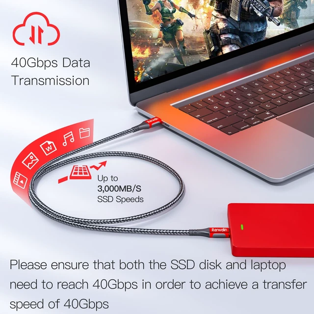 Alt view image 3 of 7 - 40Gbps for Thunderbolt 5 Cable 10FT, USB4 V2 Cable, PD 240W, 8K@60Hz, 4K@144Hz USB C Display Cable for iPhone 17, Razer Blade, ACASIS SSD, Thunderbolt 4, Mac mini M4