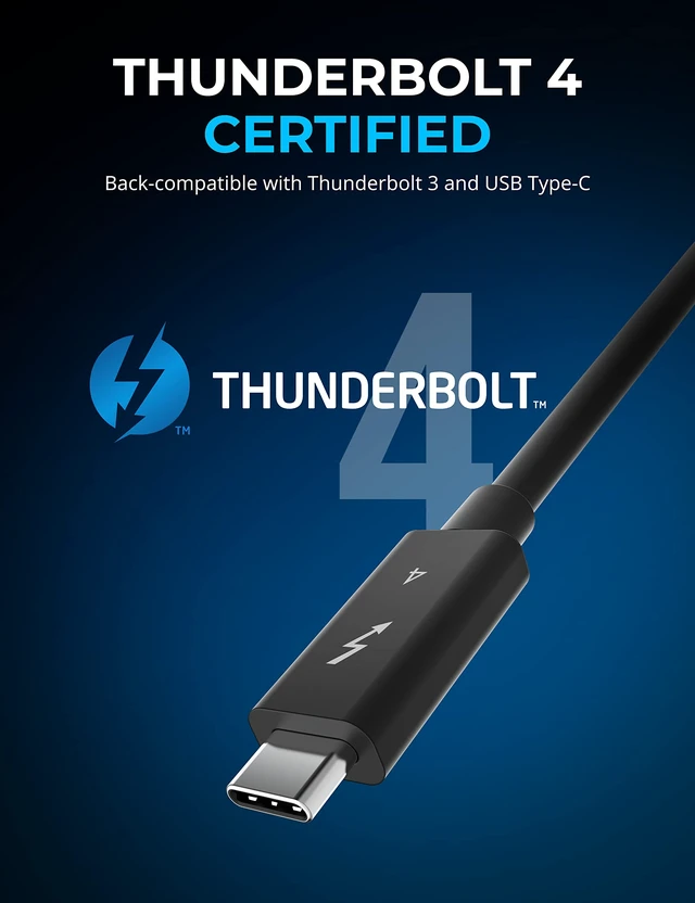 Alt view image 2 of 6 - Thunderbolt 4 Cable, 1M, 100W PD, 8K, 40Gbps (CB-T4M1) | Certified TB4; 100W PD; 8K@60Hz DisplayPort; 40Gbps; USB4 & TB3; 3.28ft; laptops/tablets