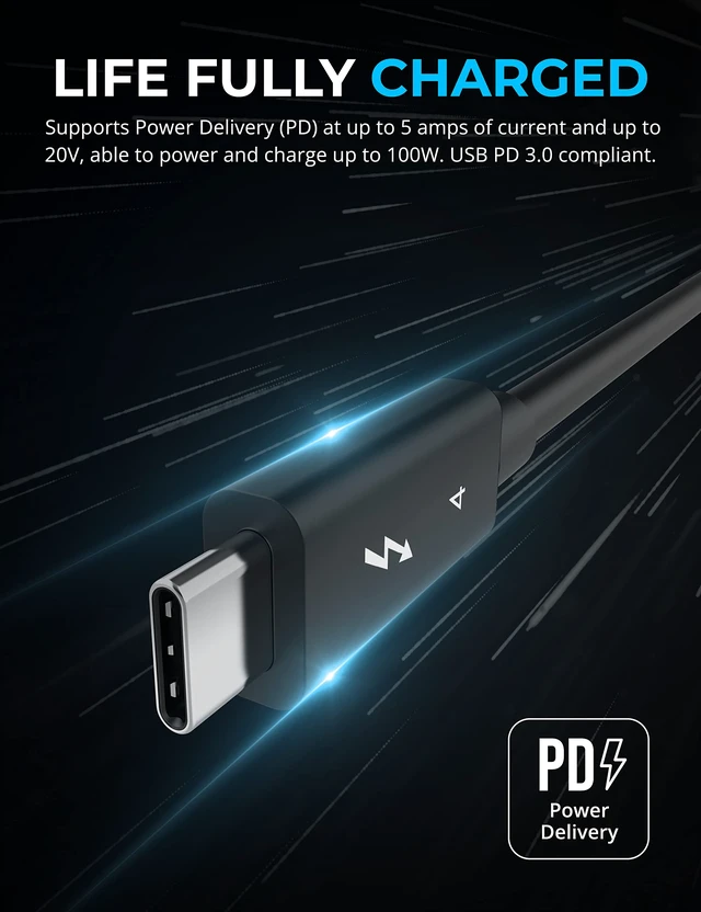 Alt view image 3 of 6 - Thunderbolt 4 Cable, 1M, 100W PD, 8K, 40Gbps (CB-T4M1) | Certified TB4; 100W PD; 8K@60Hz DisplayPort; 40Gbps; USB4 & TB3; 3.28ft; laptops/tablets
