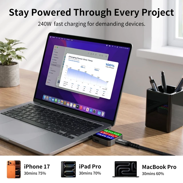 Alt view image 5 of 7 - 80Gbps USB4 2.0 Cable for Thunderbolt 5, 240W, 16K Display, 6.6Ft | 120Gbps Bandwidth, Dual 8K/Triple 4K Display, PD 3.1 Fast Charge, for Laptop/iPhone 17/16/USB-C Monitors/Docking Stations/SSD