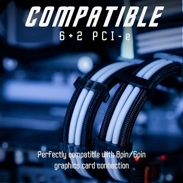 Alt view image 5 of 7 - 18AWG PSU Cable Extension Kit GPU PC Audio Video Power Supply Soft Braided Cables with Two Color Comb Kit 24P/8P to 6+2P/ 8P to 4+4P 30CM (Black White)